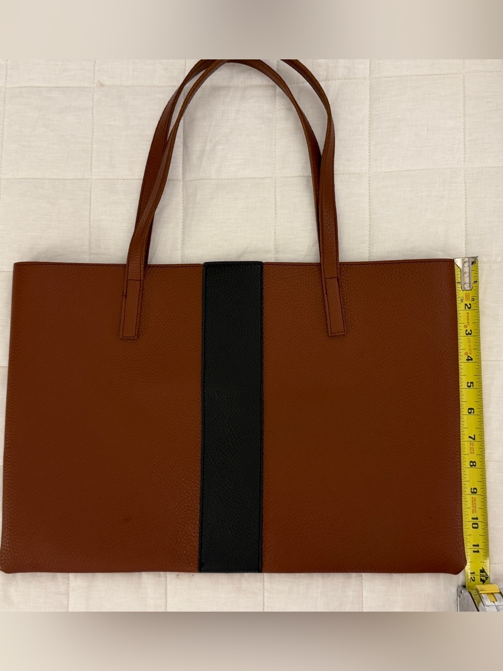 Vince Camuto Vegan Pebbled Leather Brown Tote Bag with Black Center Stripe